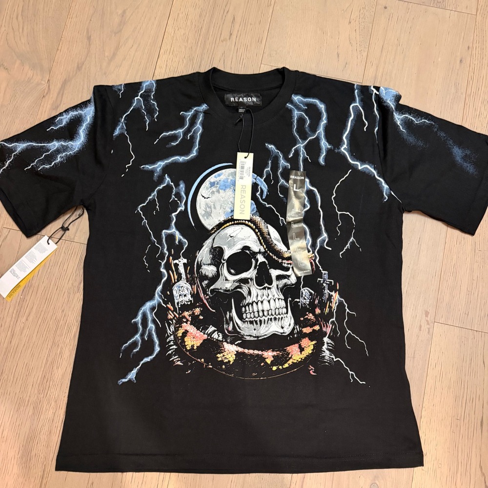 Reason Mens Skull Snake Lightning Graphic T-Shirt Black Large NWT